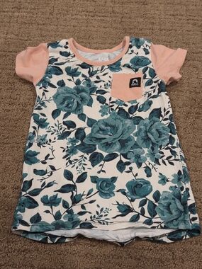 Girls' Floral Pocket Tee - Teal Floral with Pink Sleeves
